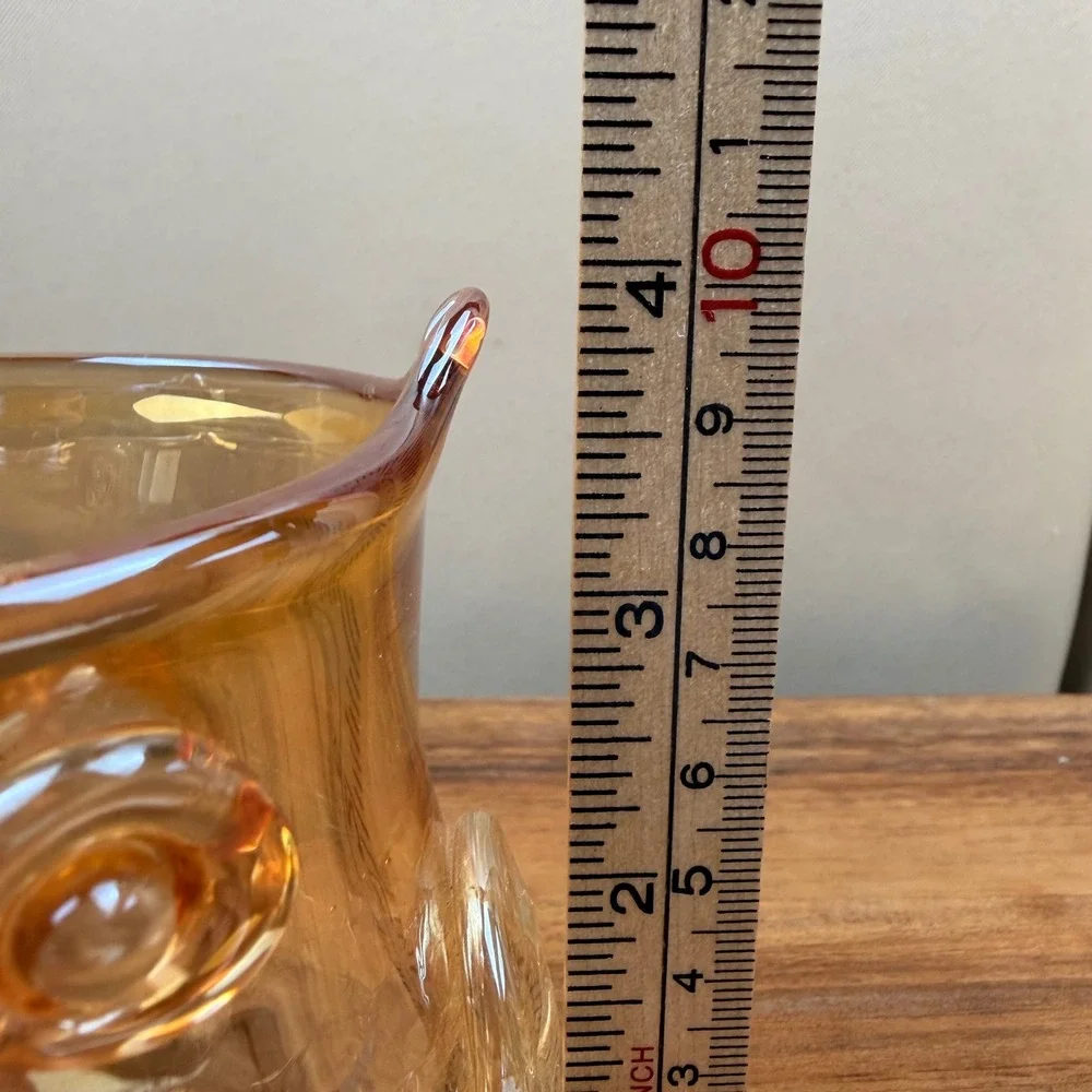 Vintage‎ Amber Crackle Glass Owl Votive Holder Yellow Iridescent Bird 4 inch